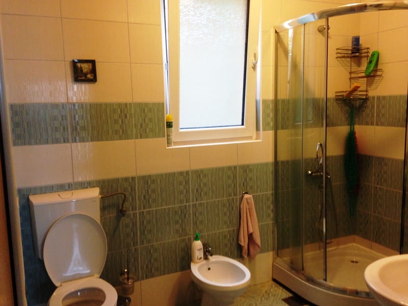 Kupatilo u kući u Dobrim Vodama, Crna Gora: tuš kabina, bide, WC šolja i pločice u zelenim tonovima.