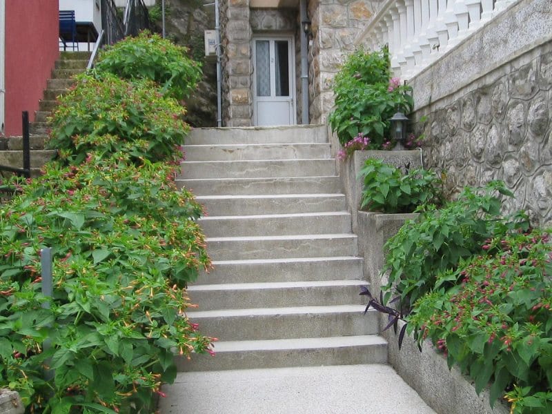 Betonsko stepenište do ulaza u kuću u Bečićima, Crna Gora, okruženo cvetnim žbunjem i kamenim oblogama zidova.