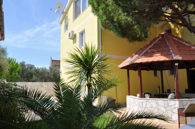 Žuta kuća sa bazenom i sjenicom u Luštici, Crna Gora: pogled na dvorište sa palmama i zonom za odmor.