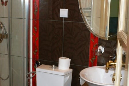 Kupatilo u kući u Igalu, Crna Gora: tuš kabina, lavabo i obloga od pločica sa crvenim dekorom.