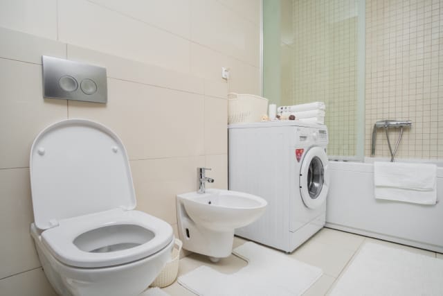 Svetlo kupatilo u stanu u Budvi, Crna Gora: viseća WC šolja, bide, kada i veš mašina.