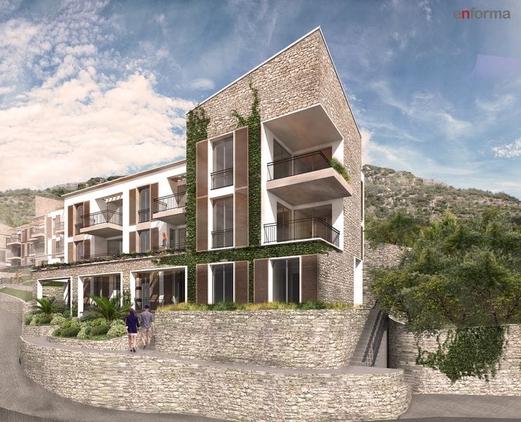 Savremena vila u Reževićima, Crna Gora: kamena fasadna obloga, terase i pejzažni dizajn u pozadini planina.