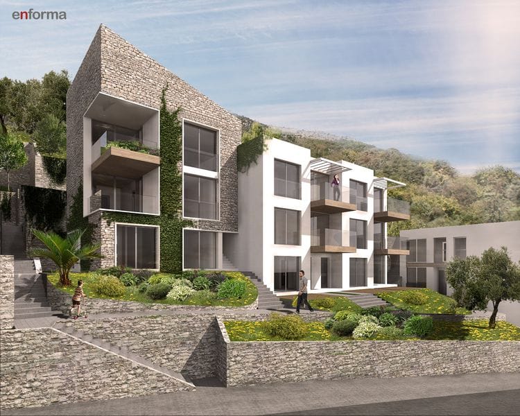 Savremeni stambeni kompleks od kamena i betona sa terasama u Reževićima, Crna Gora: projekat luksuzne nekretnine.