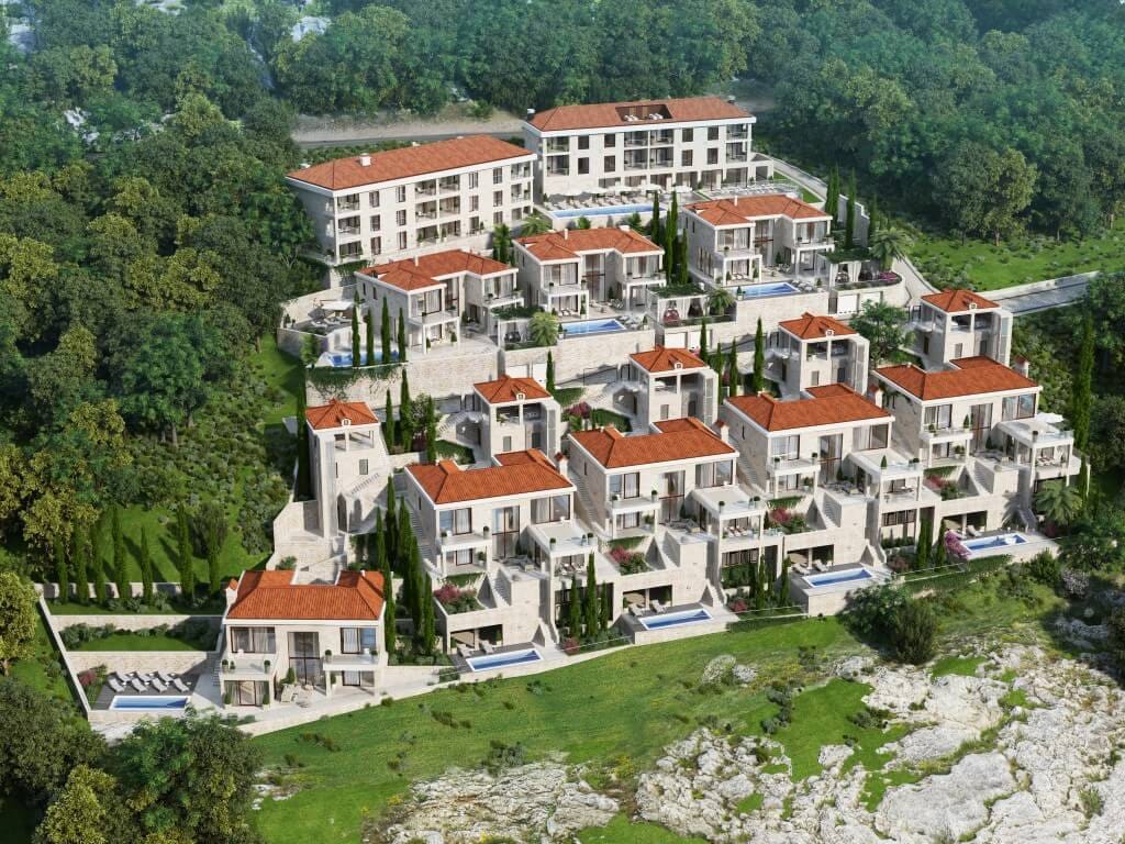 Luksuzni stambeni kompleks sa vilama i bazenima u Reževićima, Crna Gora: pogled odozgo na arhitekturu i pejzaž.