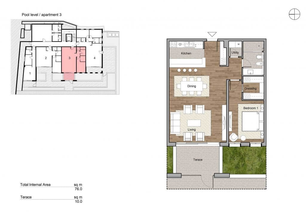 Raspored stana od 76 m² sa terasom u Tivtu, Crna Gora: kuhinja sa dnevnim boravkom, spavaća soba, garderober i kupatilo.