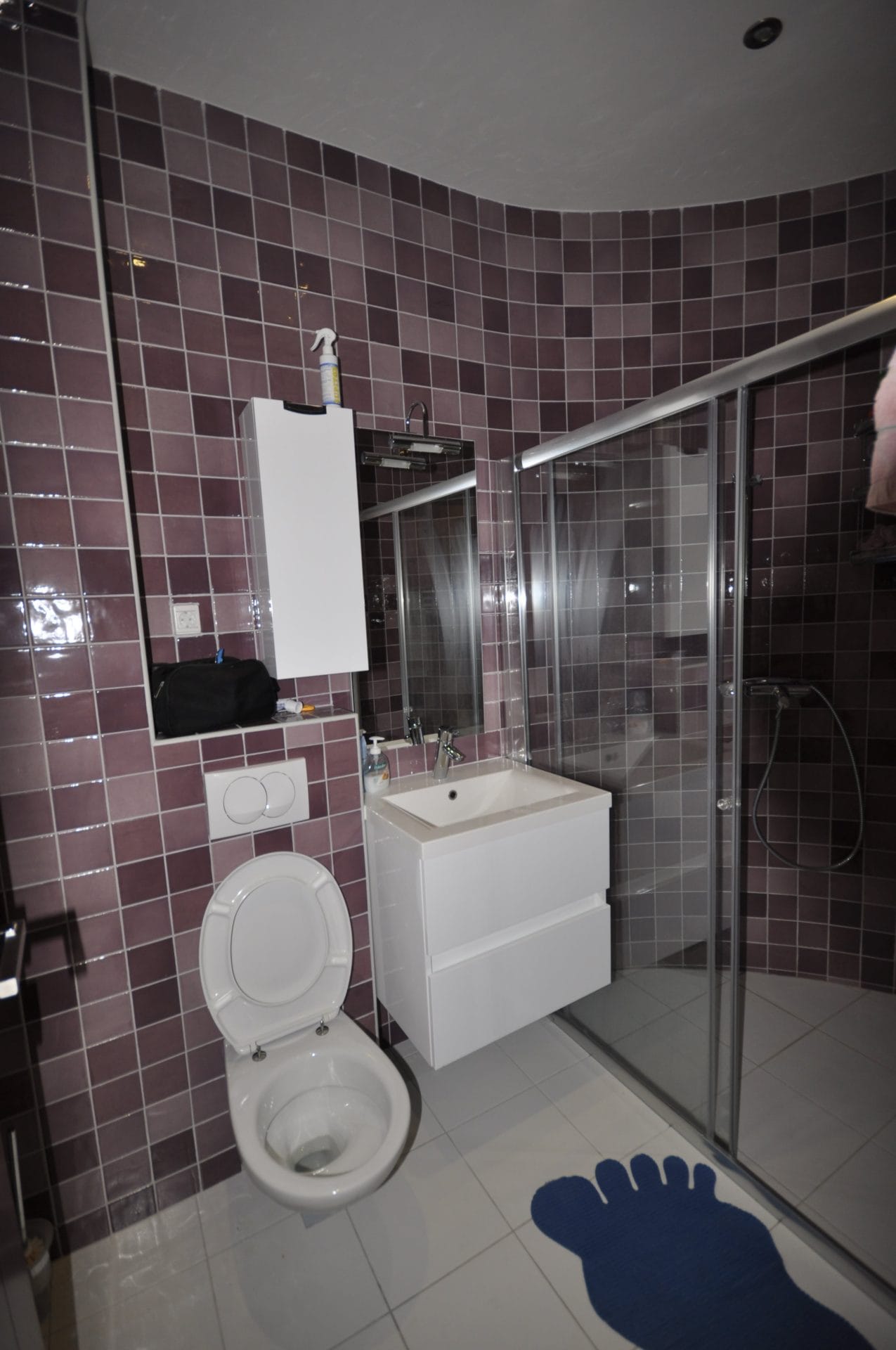 Kupatilo u stanu u Herceg Novom, Crna Gora: ljubičaste pločice, tuš kabina i bela sanitarija.