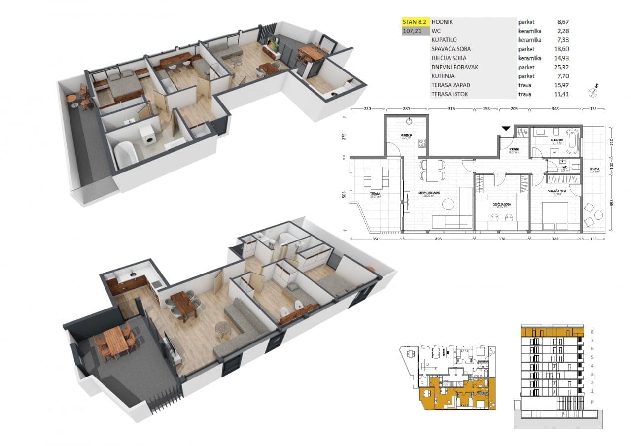 3D-Grundriss einer 107 m² großen Wohnung in Bar, Montenegro: Wohnzimmer, zwei Schlafzimmer, Küche und zwei möblierte Terrassen.