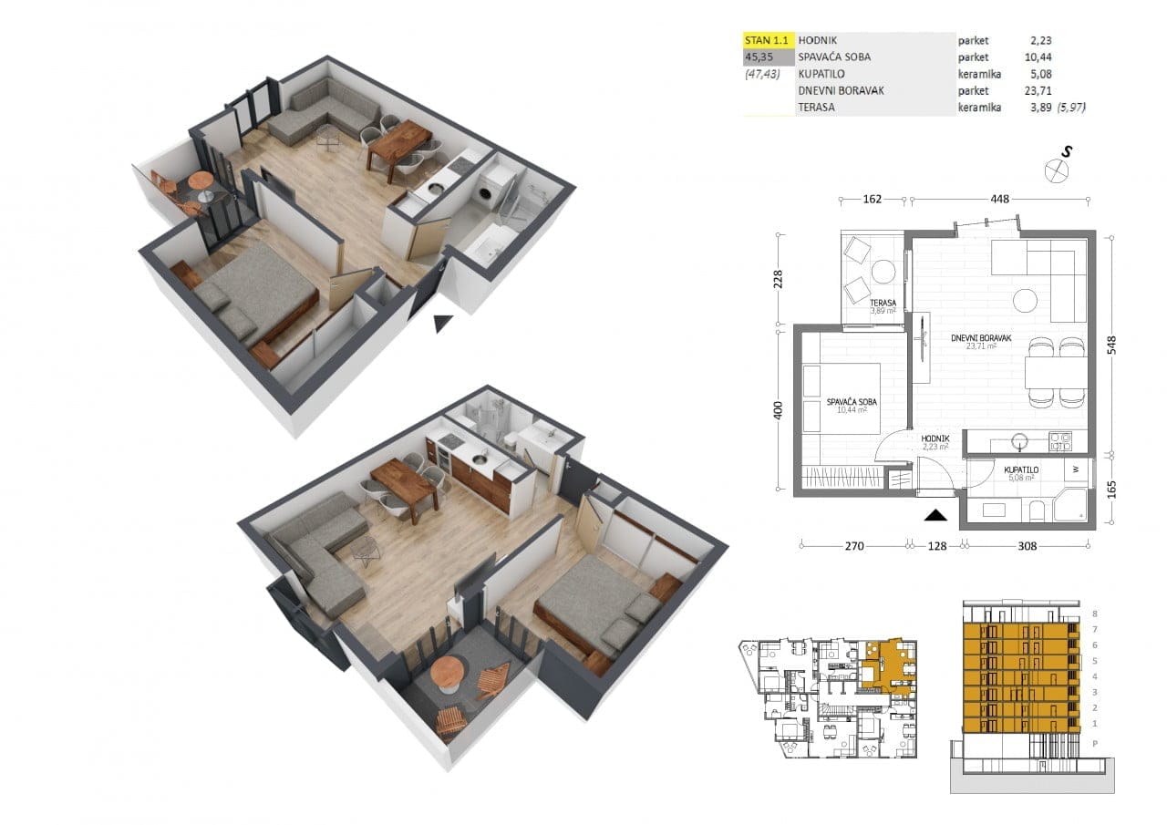 3D-Grundriss einer 45 m² großen Wohnung in der Stadt Bar, Montenegro: Schlafzimmer, Wohnzimmer mit Küche, Terrasse und detaillierter Raumplan.