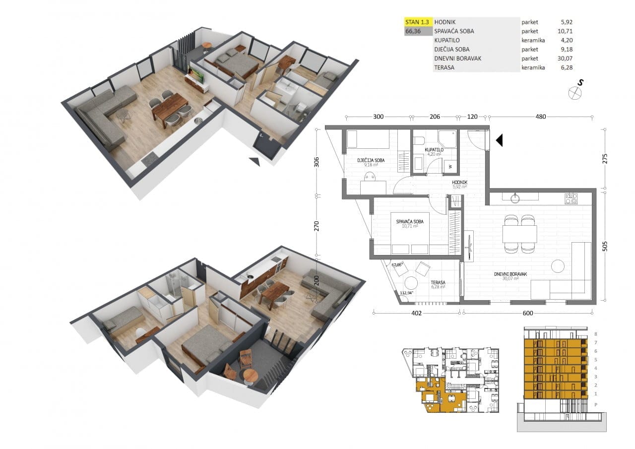 3D-Grundriss einer 66 m² großen Wohnung in Bar, Montenegro: zwei Schlafzimmer, Wohnzimmer mit Küche, Terrasse und detaillierte Objektzeichnung.