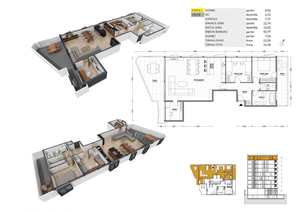 3D-Grundriss einer 140 m² großen Wohnung in Bar, Montenegro: detaillierte Zeichnung, möblierte Zimmer und zwei Terrassen.