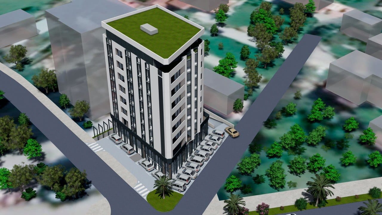 3D-Visualisierung eines modernen Wohnhauses mit begehbarem Dach und Parkplatz in der Stadt Bar, Montenegro.