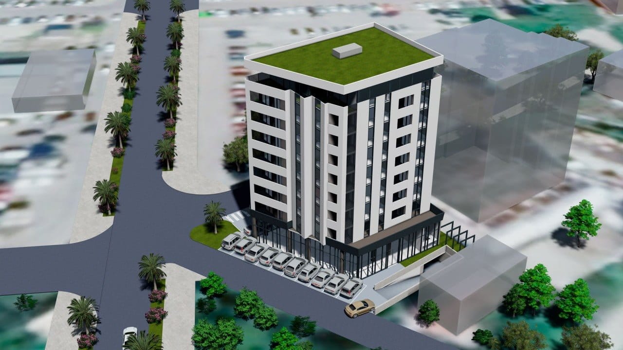 3D-Visualisierung eines modernen Wohnkomplexes mit begehbarem Dach und Parkplatz in der Stadt Bar, Montenegro.