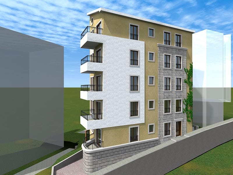 3D vizualizacija savremenog stambenog kompleksa u Bečićima, Crna Gora: fasada sa balkonima i kamenim oblogama.