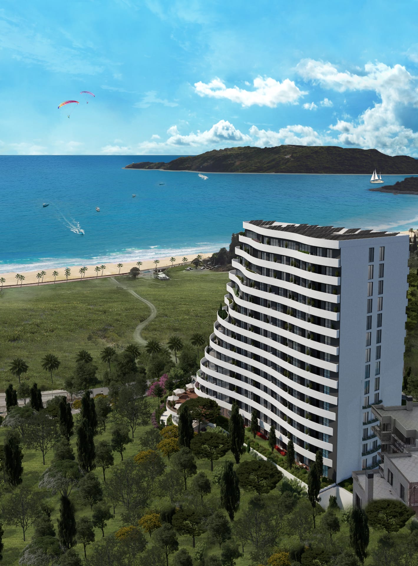 Nowoczesny kompleks mieszkaniowy w Bečići, Czarnogóra: widok na budynek z panoramicznymi balkonami nad morzem i piaszczystą plażą.
