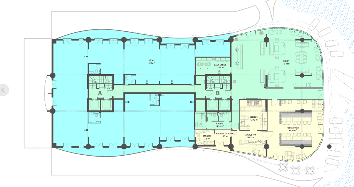 Plan piętra kompleksu mieszkalnego w Rafailovici, Czarnogóra: lobby, restauracja, kuchnia i powierzchnie handlowe.