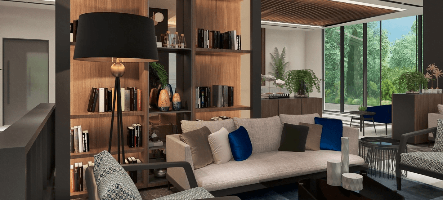 Nowoczesny salon z biblioteką w kompleksie mieszkaniowym w Bečići, Czarnogóra: designerskie meble, panoramiczne okna i stylowe wnętrze.