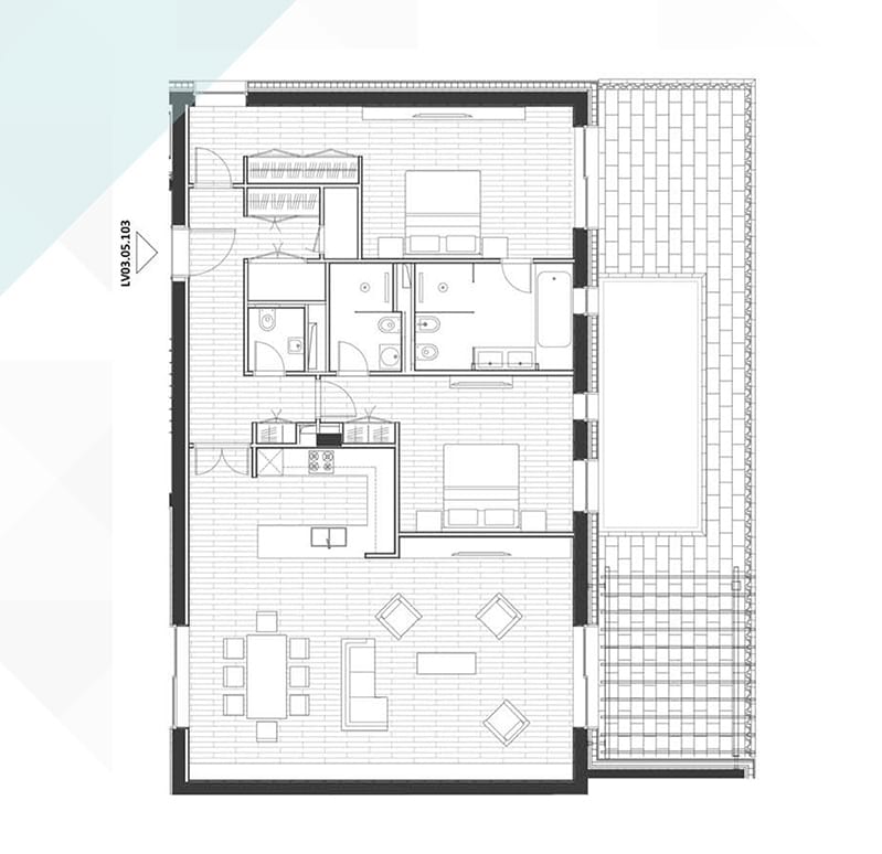 Apartment layout in the Porto Novi complex, Kumbor, Montenegro: two bedrooms, a kitchen-living room, and a terrace.