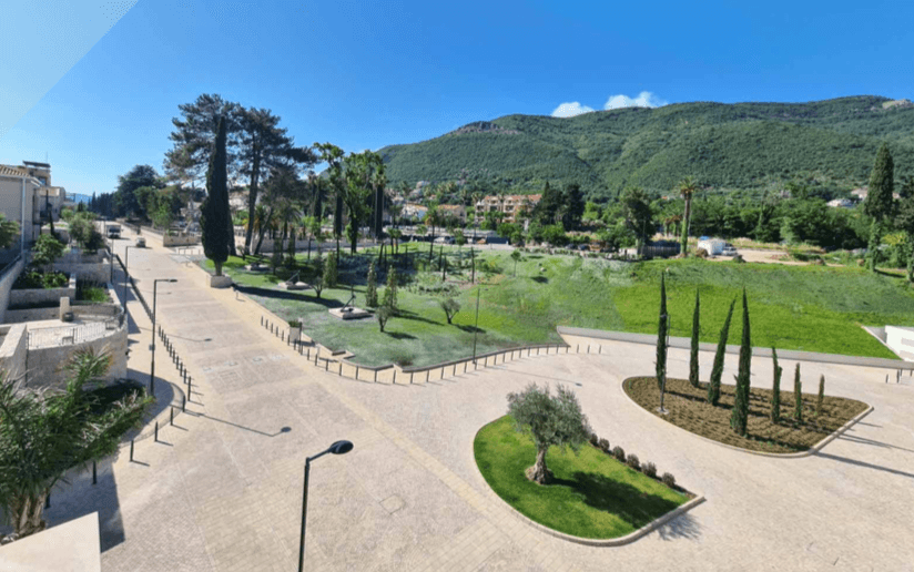 View of the landscaped grounds and mountains in the luxury Porto Novi complex, Kumbor, Montenegro.