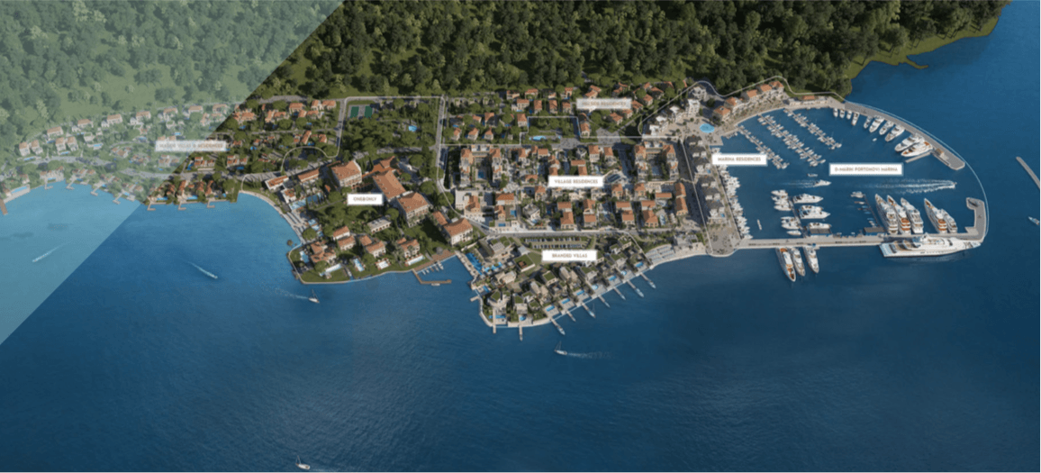 General plan of the Porto Novi complex in Kumbor, Montenegro: villas, residences, and a yacht marina from a bird’s-eye view