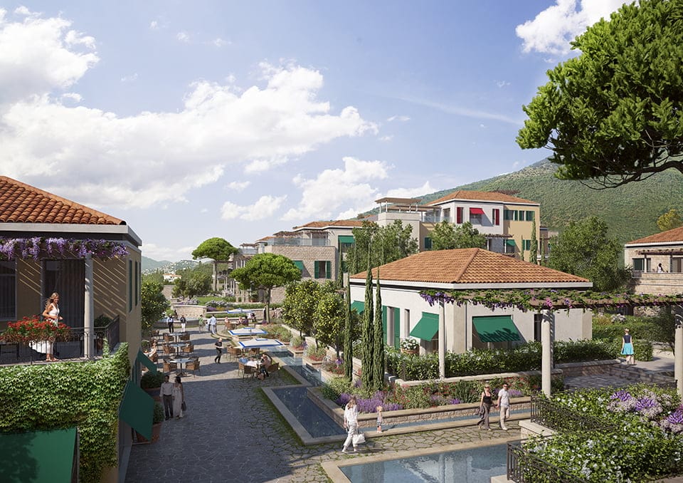 View of the luxury Porto Novi residential complex in Kumbor, Montenegro: landscaped grounds with fountains and gardens.
