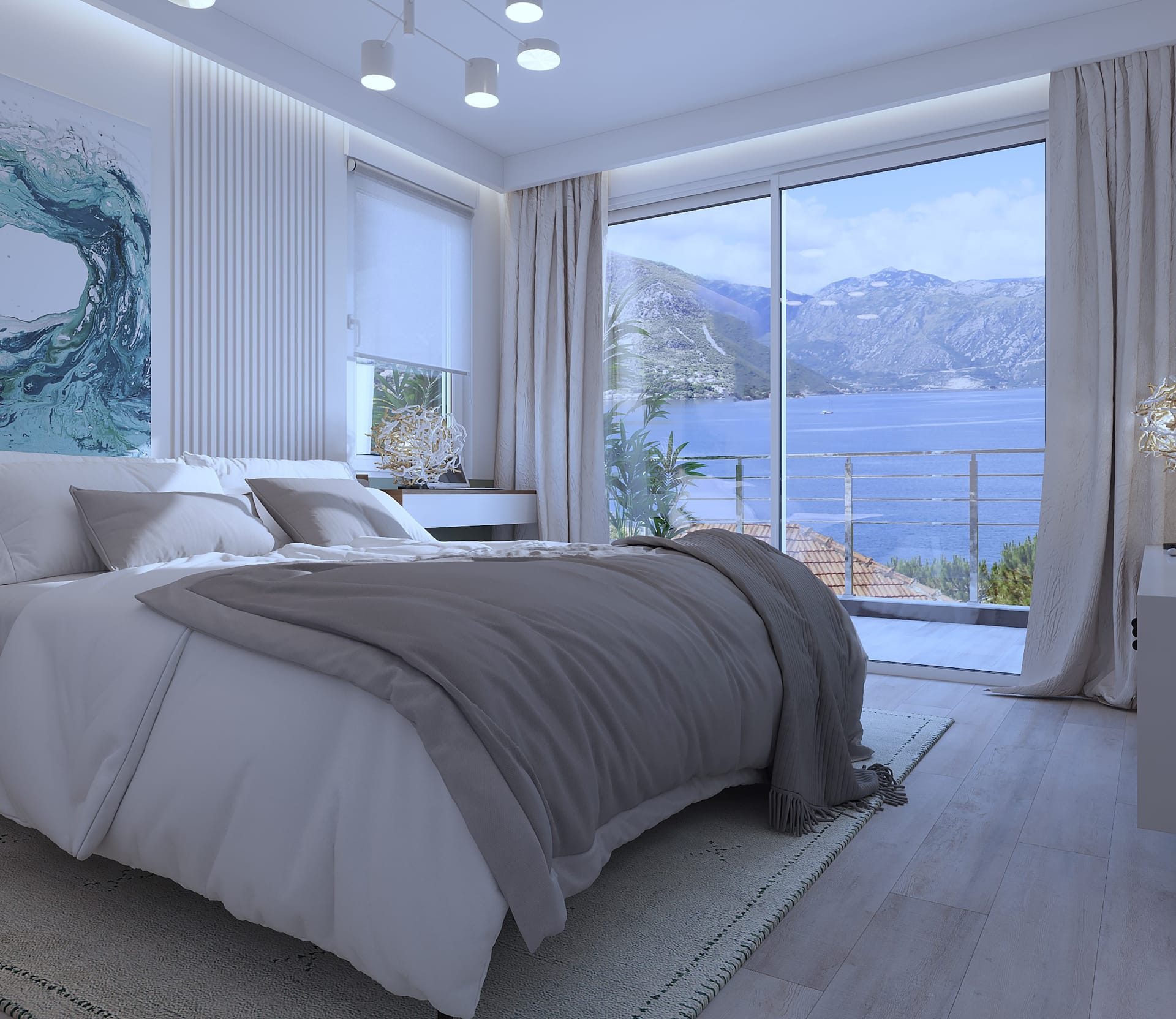 Modernes Schlafzimmer mit Panoramablick auf die Bucht von Kotor in einer Wohnung in Dobrota, Montenegro, mit Doppelbett.