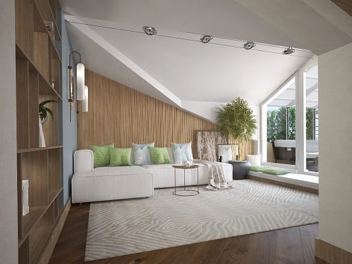 Modernes Wohnzimmer im Dachgeschoss einer Wohnung in Dobrota, Montenegro: weißes Sofa, Lamellenwand und Panoramafenster.