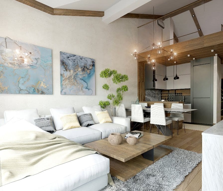 Design des Wohnzimmers in einer Wohnung in Dobrota, Montenegro: helle Möbel, Holzelemente und eine moderne Wohnküche.