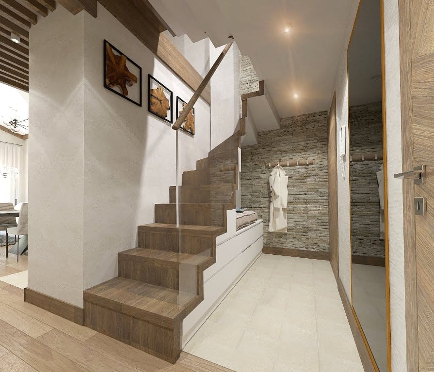Moderne Treppe mit Holzstufen und Glasgeländer im Innenraum einer Wohnung in Dobrota, Montenegro.