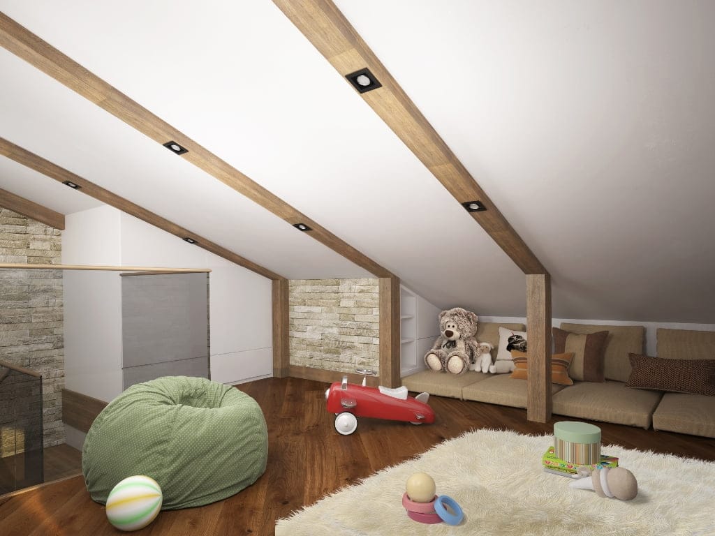 Kinderzimmer im Dachgeschoss einer Wohnung, Dobrota, Montenegro: Holzbalken, Steinmauerwerk und weiche Möbel.