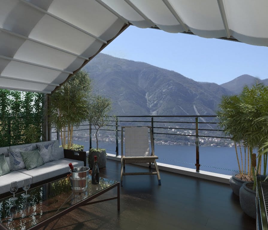 Terrasse der Wohnung in Dobrota, Montenegro: Rattanmöbel, Überdachung, Blick auf die Bucht von Kotor und die Berge.