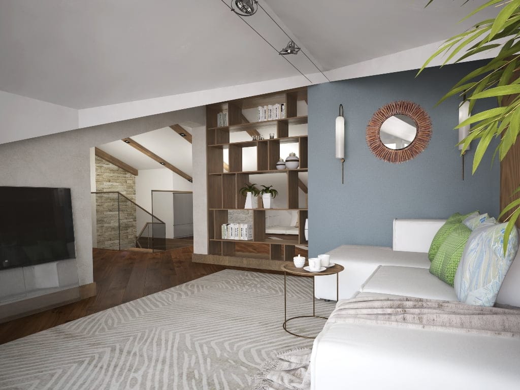 Modernes Wohnzimmer in einer Wohnung in Dobrota, Montenegro: weißes Sofa, Holzregal und Steinverkleidung.