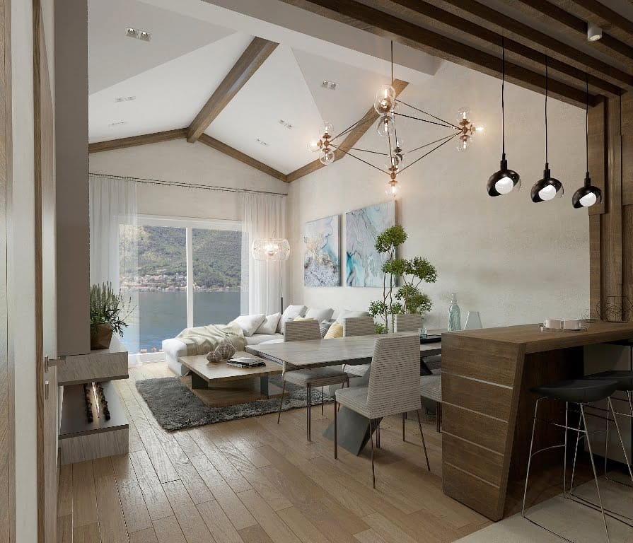 Wohnzimmer in einer Wohnung in Dobrota, Montenegro: modernes Interieur mit Panoramablick auf das Meer, Kamin und Bartheke.