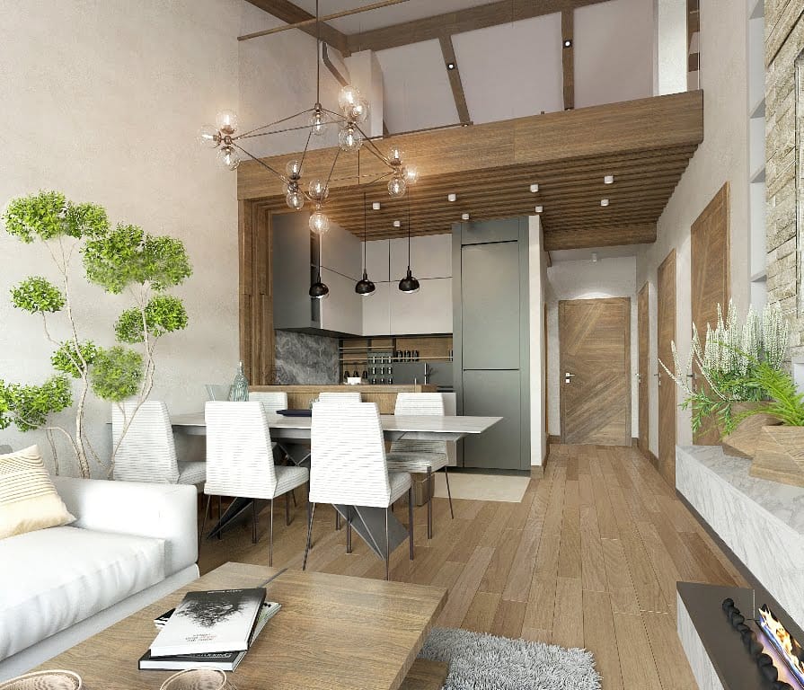 Innenraumgestaltung des Wohnzimmers mit Küche in einer Wohnung, Dobrota, Montenegro: Holzverkleidung, moderne Möbel und Kamin.