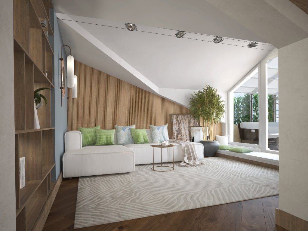 Modernes Wohnzimmer in der Wohnung Nr. 159 in Dobrota, Montenegro: weißes Sofa, Holzlamellen und Panoramafenster.