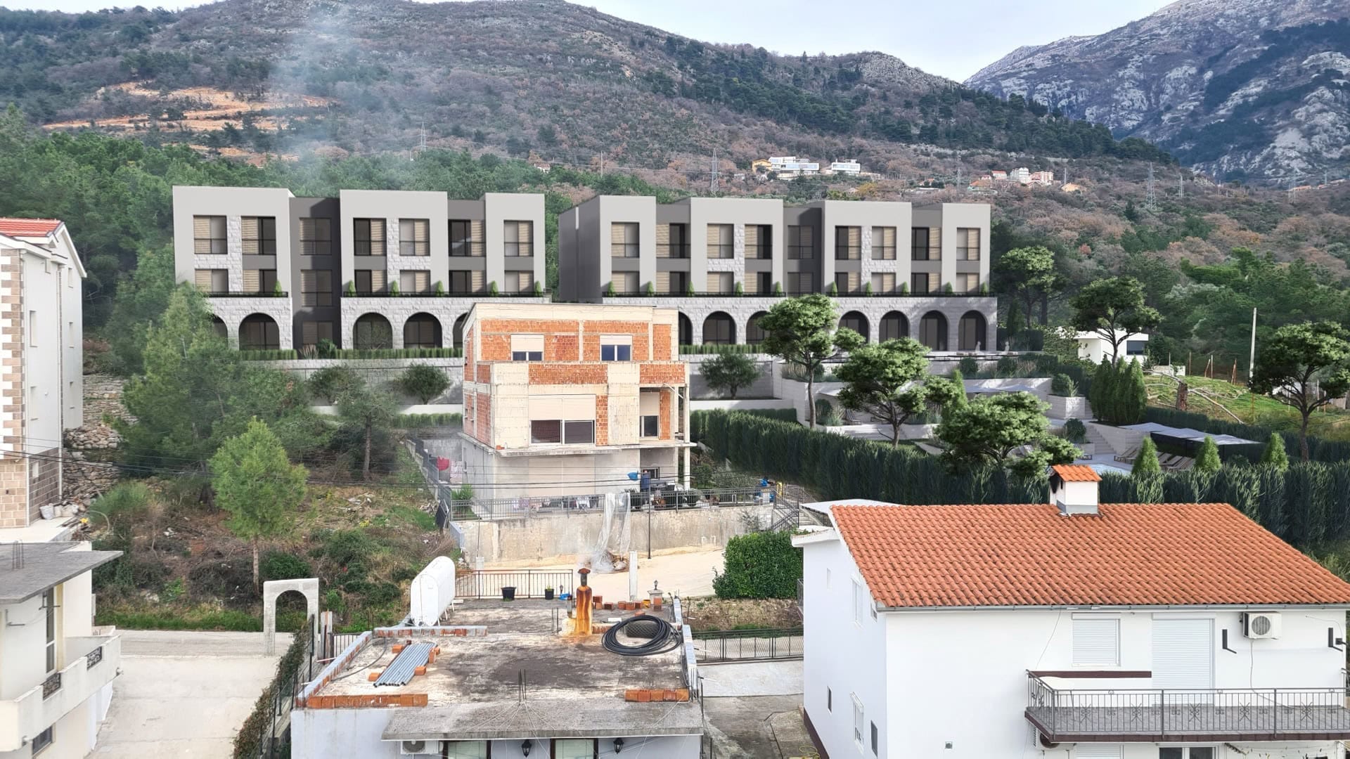 Vizualizacija savremenog stambenog kompleksa u Kavaču, Crna Gora, sa pogledom na planine i uređenu okolinu.