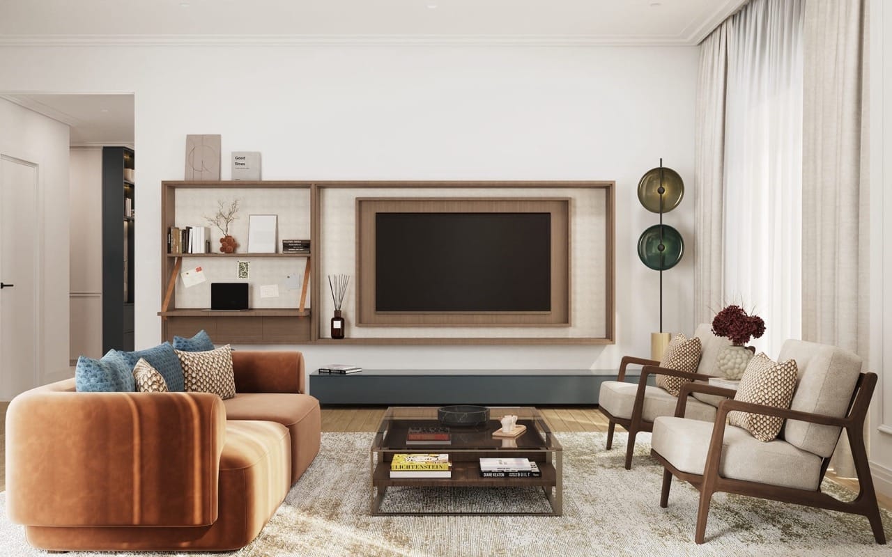 Savremena dnevna soba u stanu Porto Montenegro, Tivat, Crna Gora: terakota sofa, fotelje i TV zona sa dekorom.