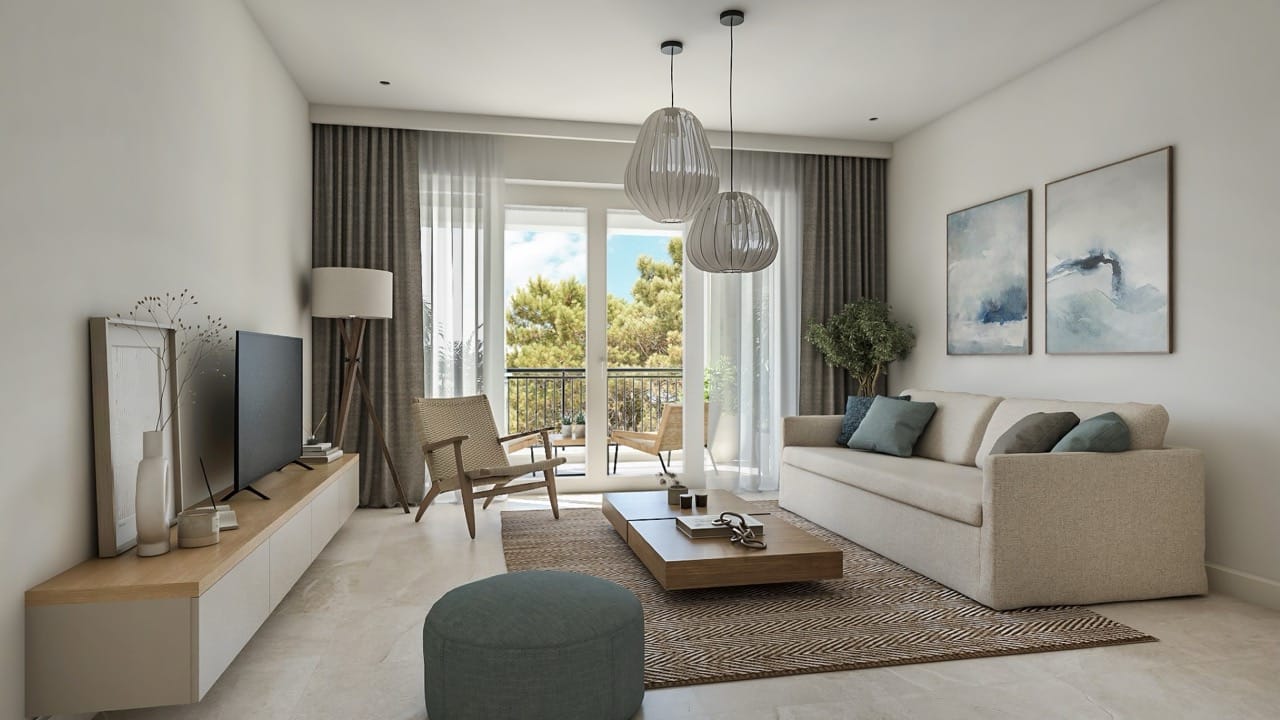 Современная гостиная в квартире Lustica Bay, Радовичи, Черногория: светлая мебель, терраса с видом на сосны.