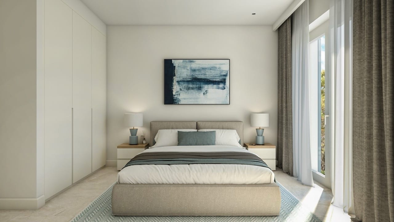 Современная спальня в квартире Lustica Bay, Радовичи, Черногория: двуспальная кровать, встроенный шкаф и панорамное окно.
