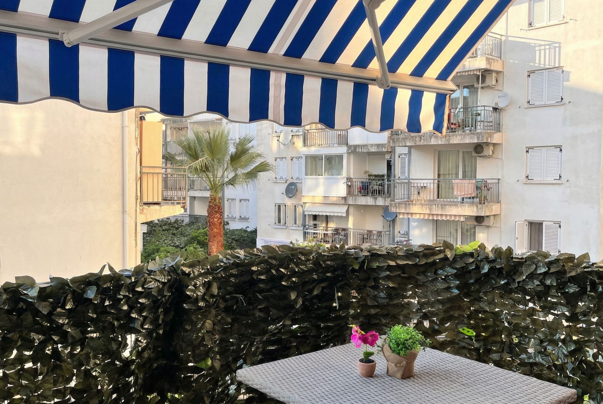 Ugodan balkon s markizom, pletenim stolićem i pogledom na palme u stanu u Budvi, Crna Gora.