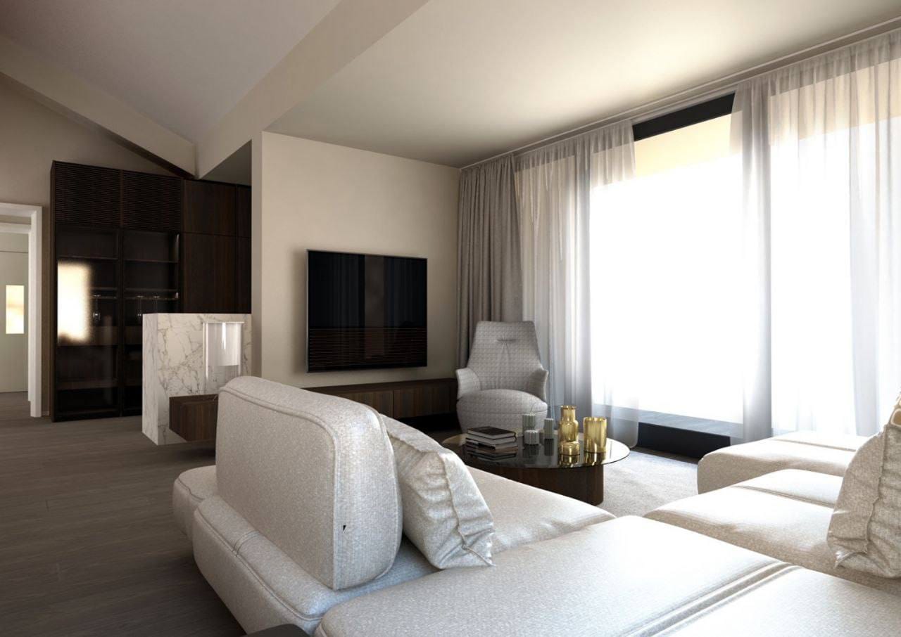 Savremeni dnevni boravak u penthausu u Budvi, Crna Gora: svetla sofa, mermerna obrada i panoramski prozori.