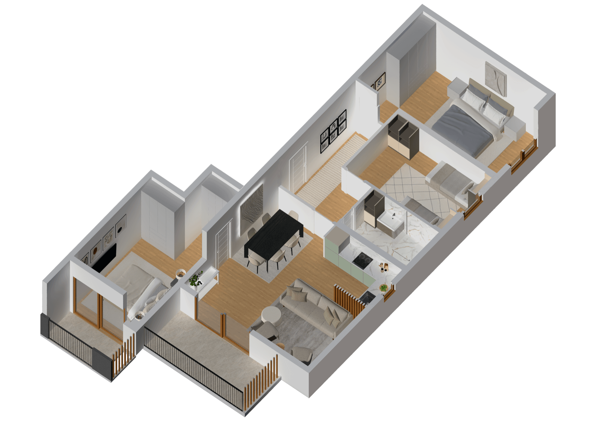 3D-планировка квартиры в Тивате, Черногория: две спальни, гостиная с кухней, обеденная зона и просторная терраса.