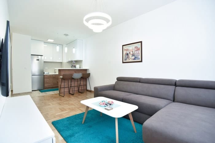 Salon moderne avec cuisine et bar dans un appartement à Budva, Monténégro : canapé gris, parquet et tapis coloré.