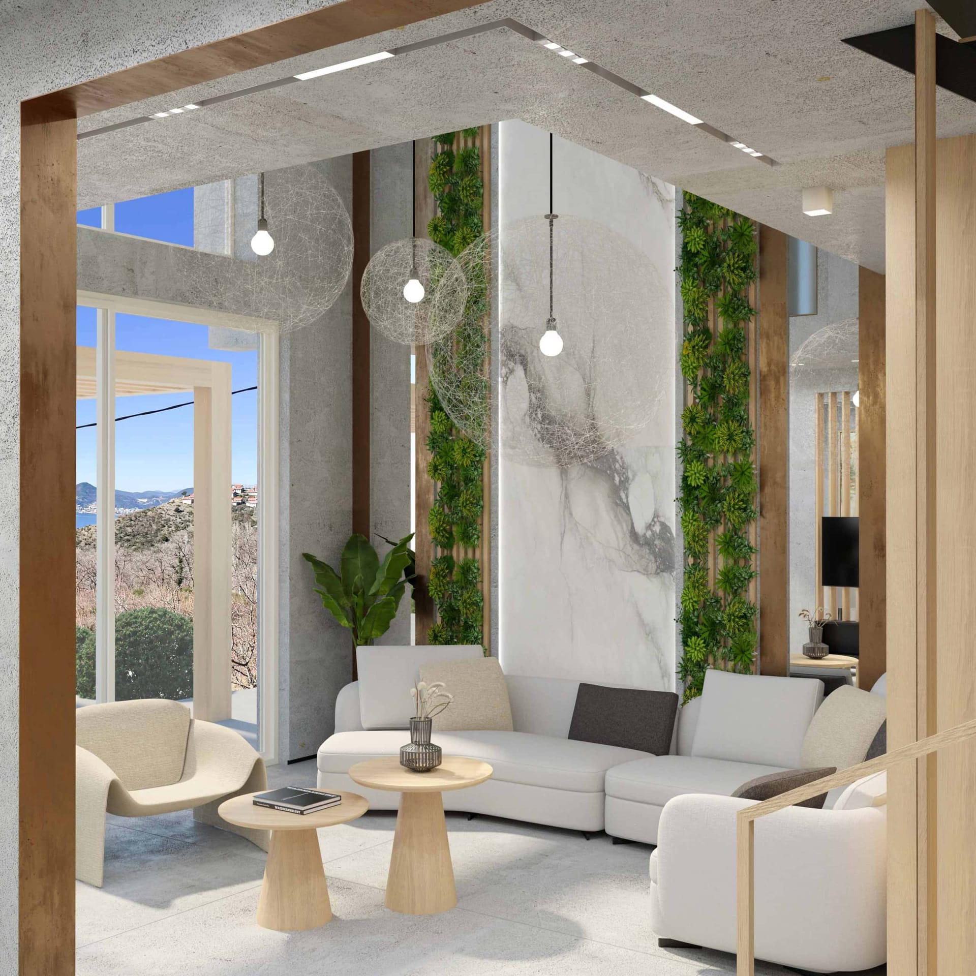 Salon willi w Blizikuće, Czarnogóra: nowoczesny design, marmurowa ściana, pionowa zieleń i widok na morze.