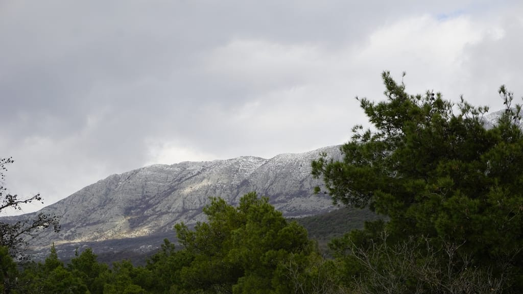 Vue pittoresque sur des montagnes enneigées et une forêt de conifères depuis une villa à Igalo, Herceg Novi, Monténégro.