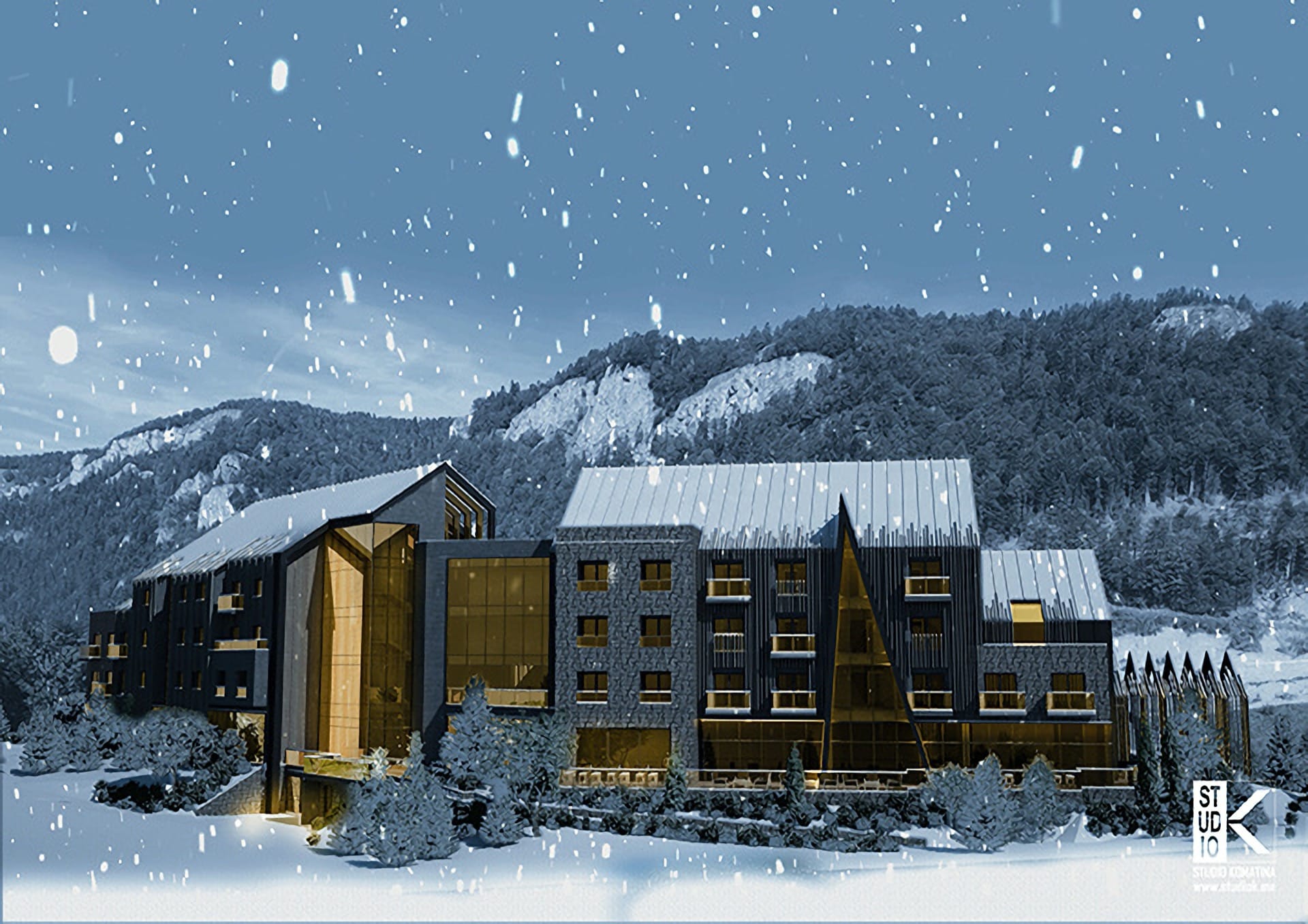 Современный отель The Westin в горах Черногории: фасад с панорамным остеклением и отделкой камнем зимой в снегопад.