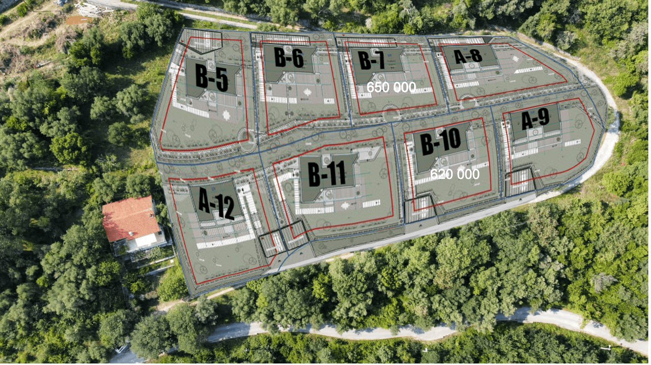 Master plan of the villa complex development in Herceg Novi, Montenegro: top view of plots with building outlines.