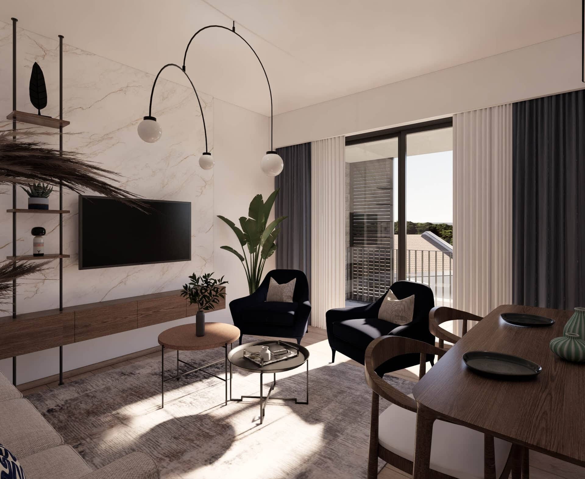 Nowoczesny salon w mieszkaniu w Tivacie, Czarnogóra: marmurowa ściana, designerskie fotele i wyjście na balkon.