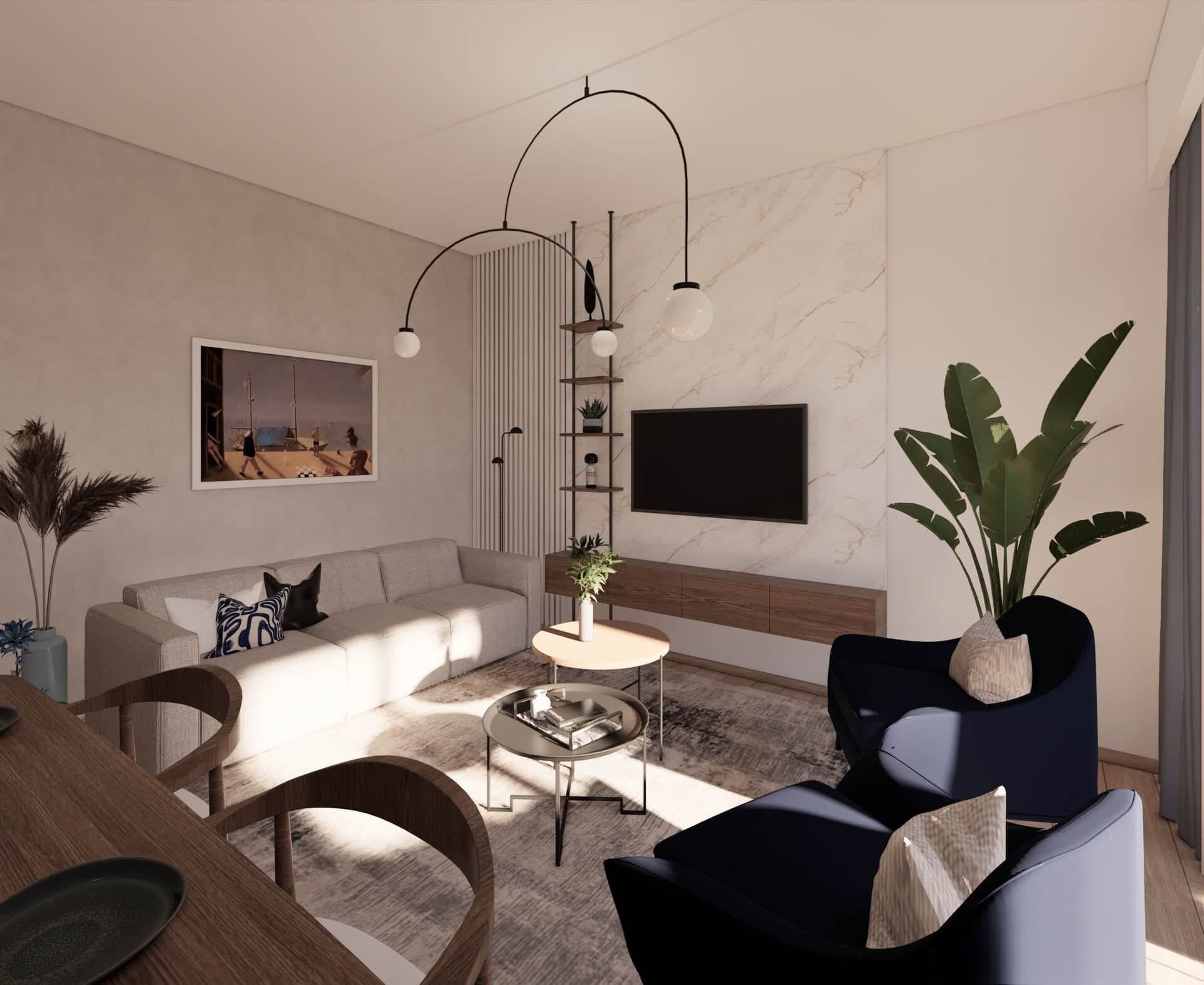 Nowoczesny salon w mieszkaniu, Tivat, Czarnogóra: jasna sofa, niebieskie fotele, strefa TV z marmurem i stylowy wystrój.