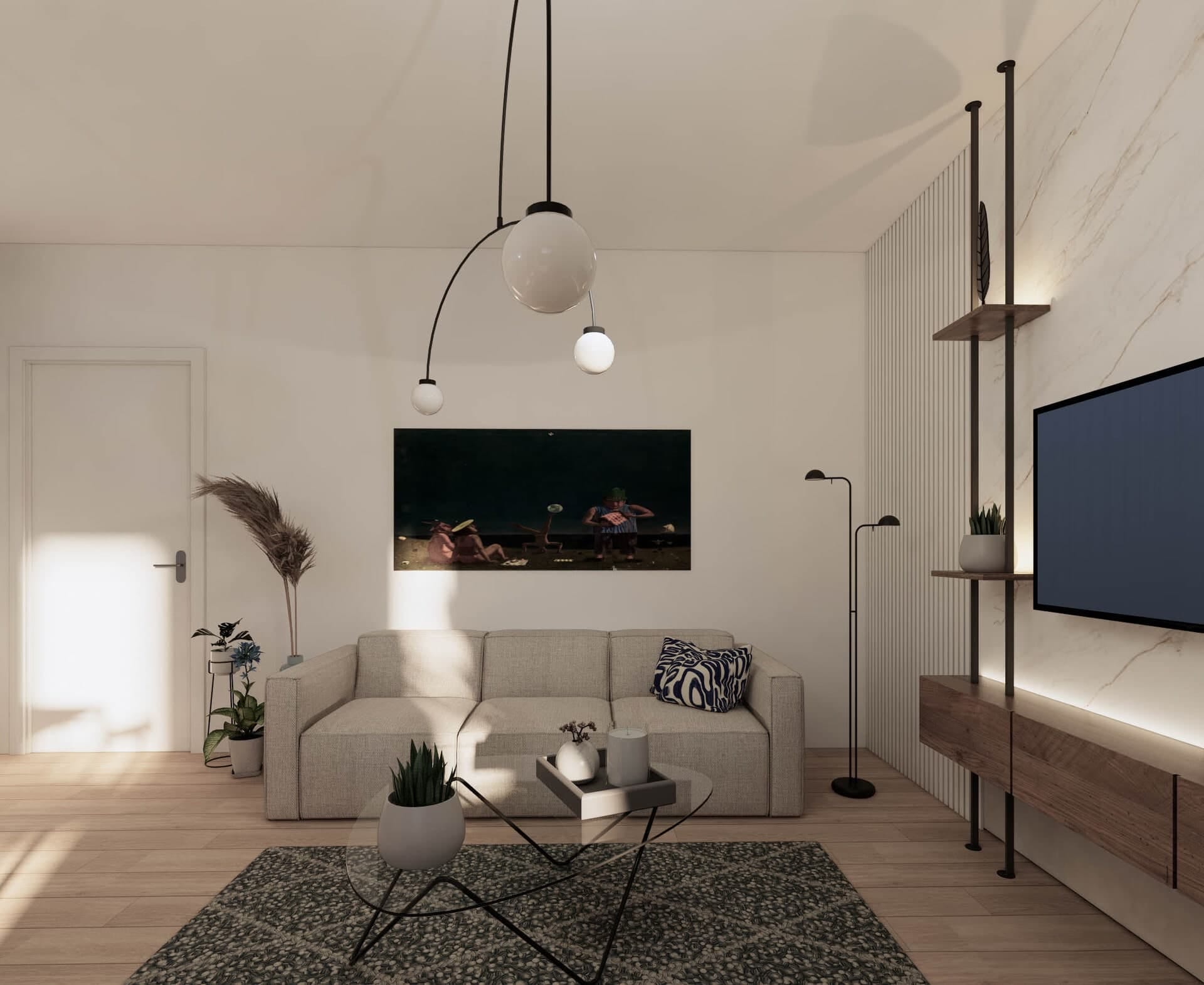 Nowoczesny salon w mieszkaniu w Tivacie, Czarnogóra: jasna sofa, designerski żyrandol i strefa TV z podświetleniem.