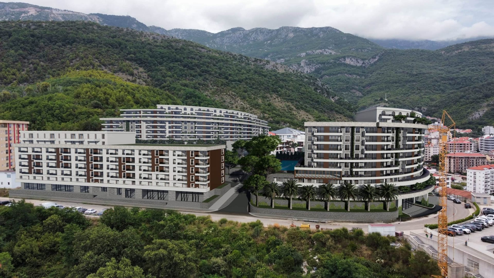 Vizualizacija modernog stambenog kompleksa u Bečićima, Crna Gora: panoramski pogled na zgrade sa terasama i planine.
